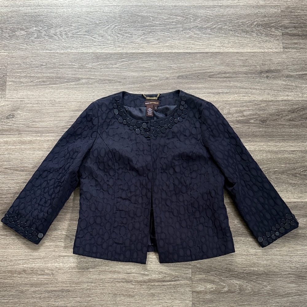 Dana Buchman Navy Textured Blazer Size 12 Collarless Jacquard Embellished Trim